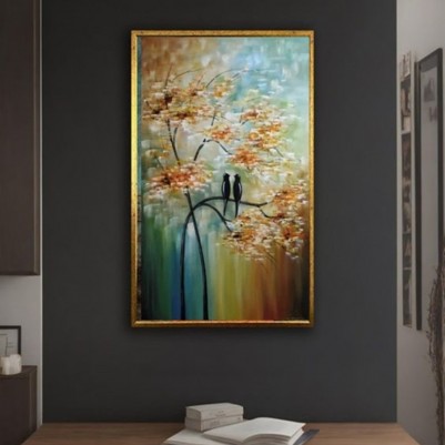Quadro vertical  pintado a mão arvore e passarinhos medida 100x60 