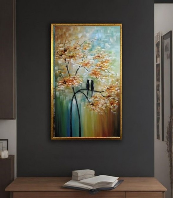 Quadro vertical  pintado a mão arvore e passarinhos medida 100x60 
