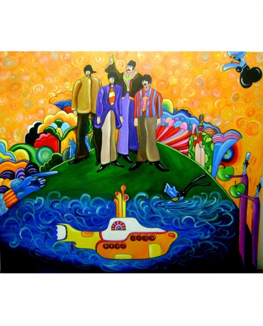 Quadro decorativo pintado a mão Submarino Amarelo Beatles por Katia Almeida 100x120 