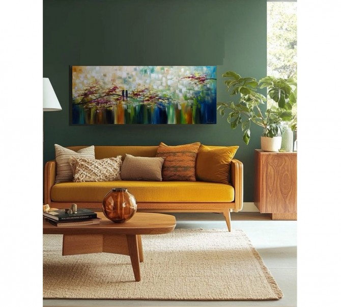 Quadro pintado a mão arvore e passarinhos medida 50x120 