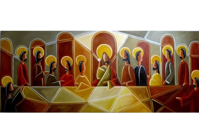 Quadro decorativo Santa ceia moderna pintada a mão tons terrosos medida 50X120 