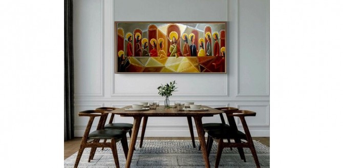Quadro decorativo Santa ceia moderna pintada a mão tons terrosos medida 50X120 