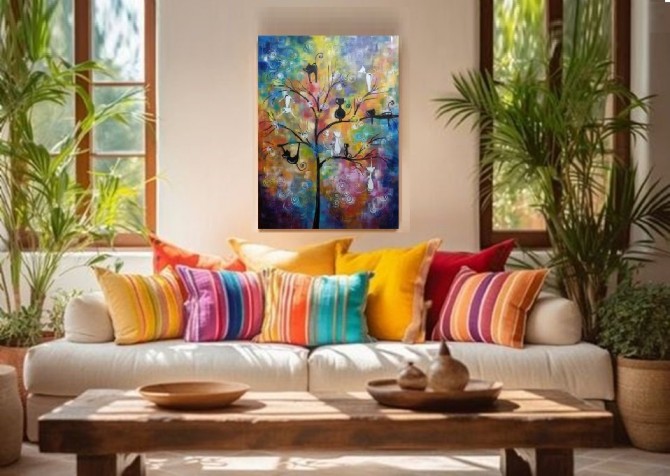 Quadro decorativo pintado a mão Arvores de gatos  medida 60x80 cod 1332