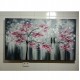 Quadro pintado a mão arvore e passarinhos fundo cinza flores magenta medida 70x120 COD 1436