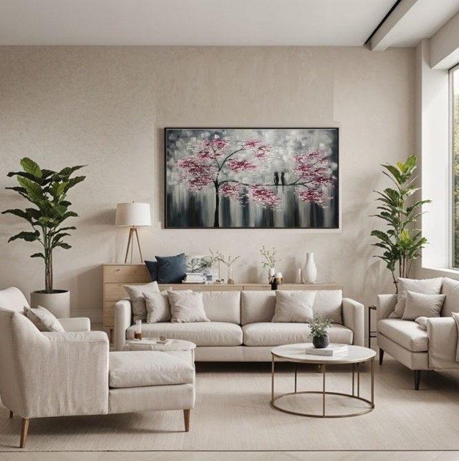 Quadro pintado a mão arvore e passarinhos fundo cinza flores magenta medida 70x120 COD 1436