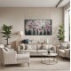 Quadro pintado a mão arvore e passarinhos fundo cinza flores magenta medida 70x120 COD 1436