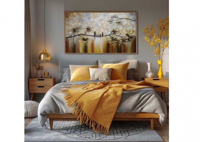 Quadro pintado a mão arvore e passarinhos fundo amarelo indiano medida 70x120 COD 1437