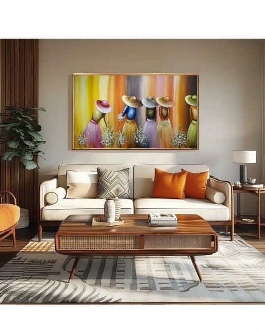Quadro pintado a mão tema floristas, camponesas  90x150 