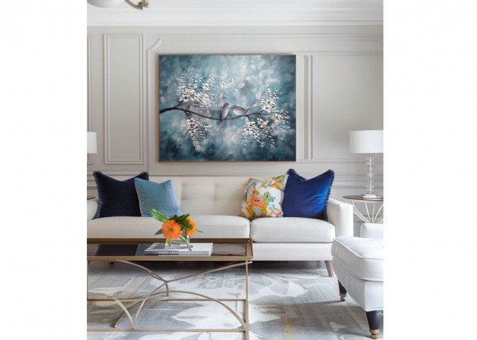 Quadro pintado a mão arvore e passarinhos fundo azul medida 70x90 