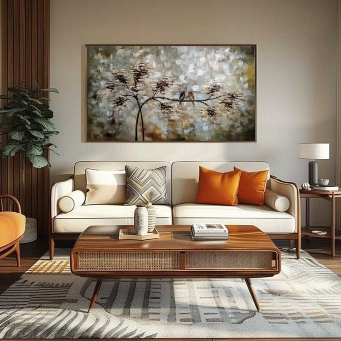 Quadro pintado a mão arvore e passarinhos medida 70x120 