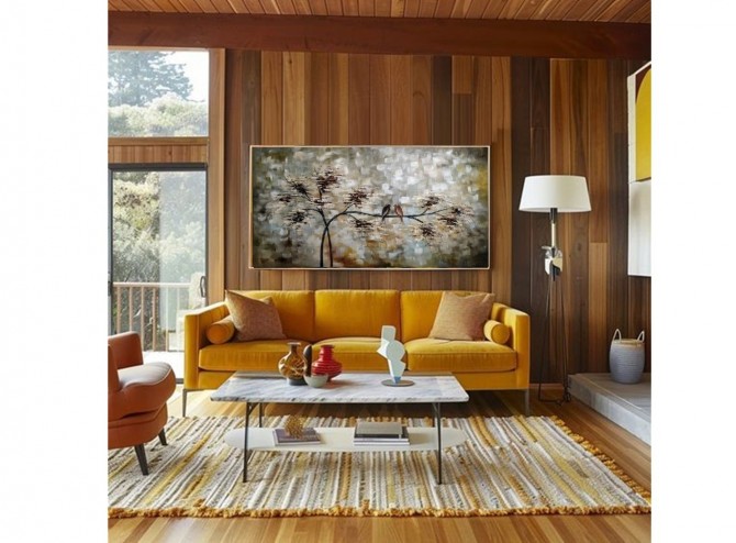 Quadro pintado a mão arvore e passarinhos medida 70x140 