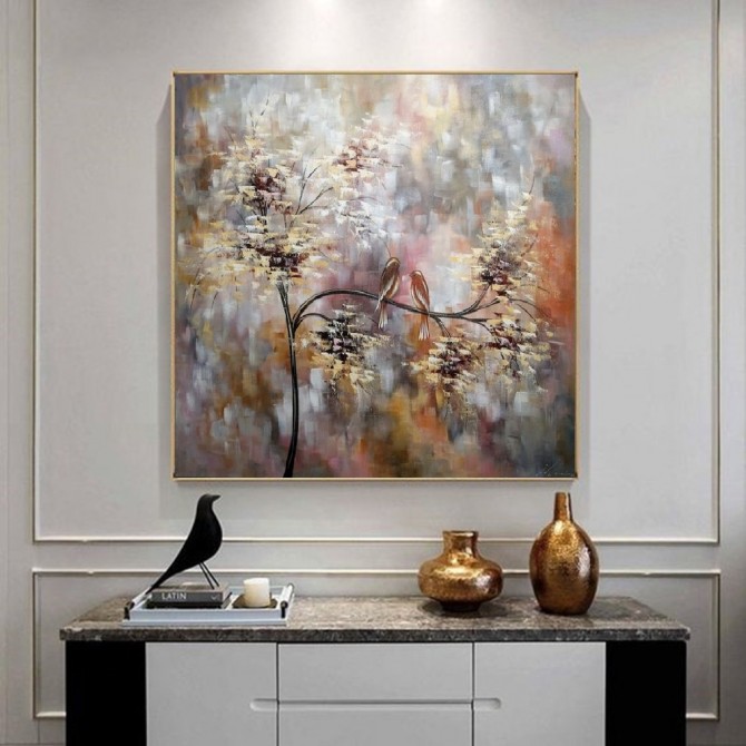 Quadro pintado a mão arvore e passarinhos fundo rosa antigo medida 60x60