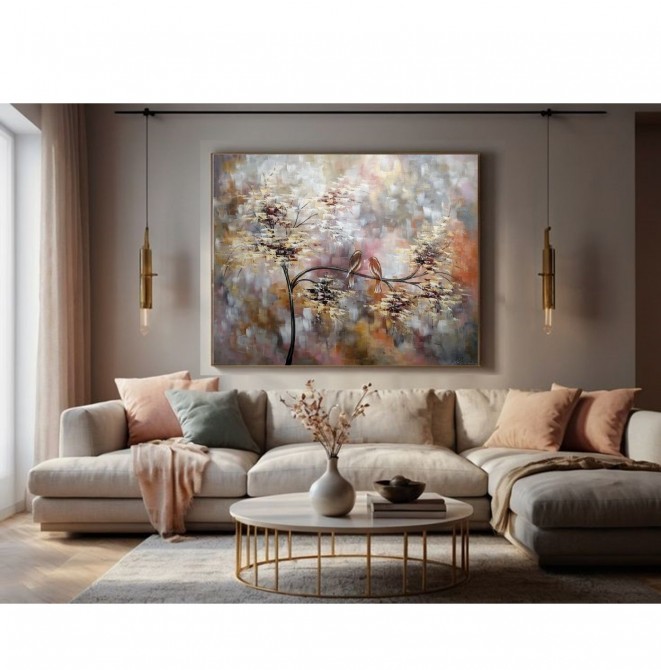 Quadro pintado a mão arvore e passarinhos fundo rosa antigo medida 70x90 