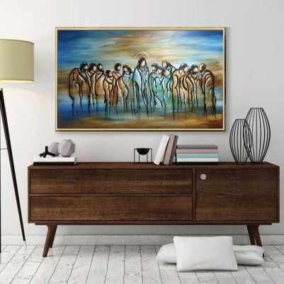 Quadro pintado a mão Santa ceia fundo abstrato artista Dmalbet medida 70x120