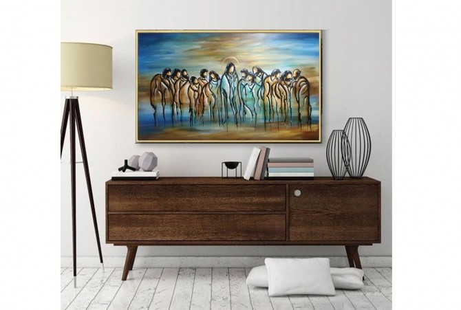 Quadro pintado a mão Santa ceia fundo abstrato artista Dmalbet medida 70x120