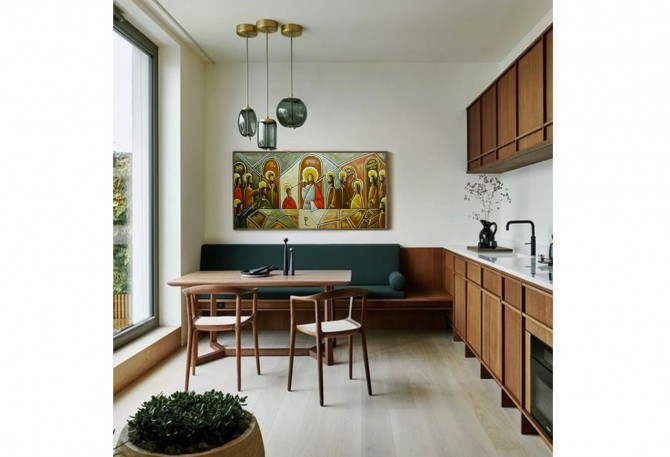 Quadro decorativo Santa ceia moderna pintada a mão tons terrosos medida 50X100 