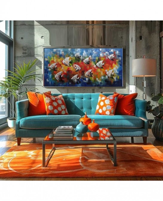 Quadro decorativo pintado a mão peixes 1A medida 60x120 