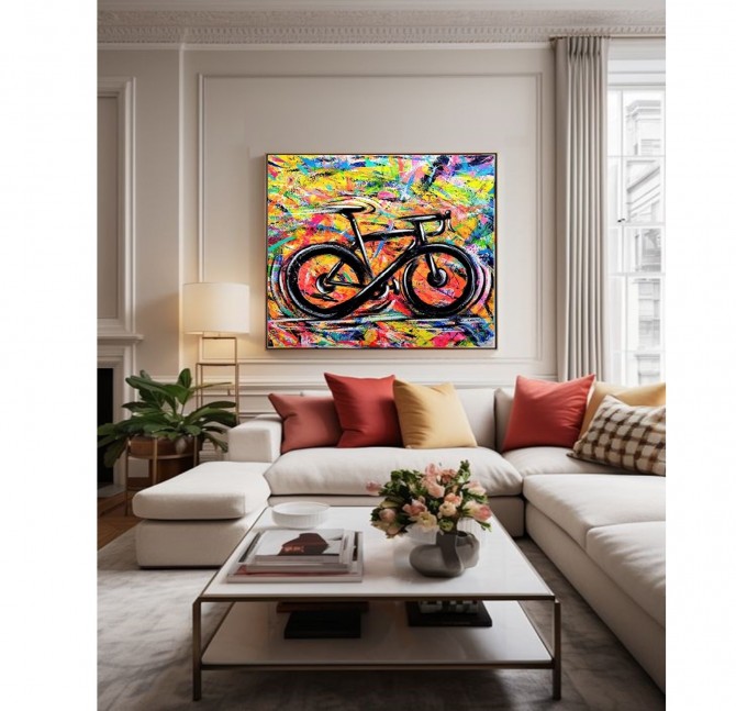 Quadro decorativo pintado a mão tema bike, ciclismo, bicicleta, abstrato,quadro original,medida  80x100 