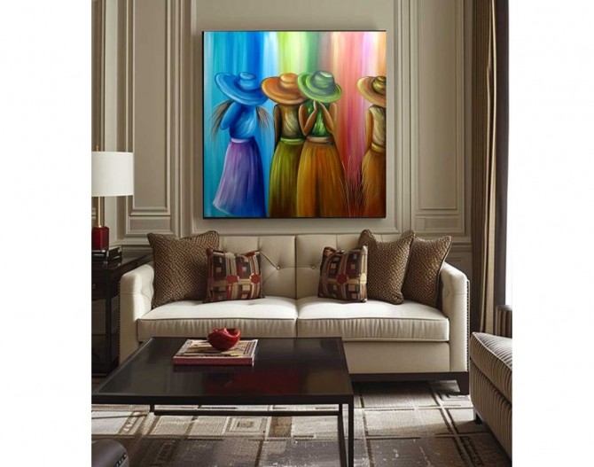 Quadro pintado a mão tema floristas, camponesas 110x110 