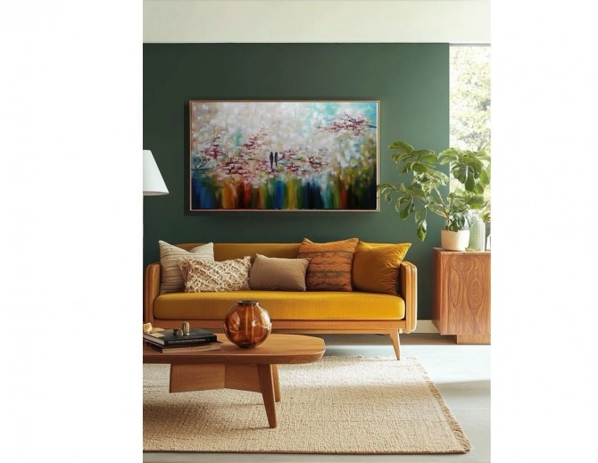 Quadro pintado a mão arvore e passarinhos medida 70x120 