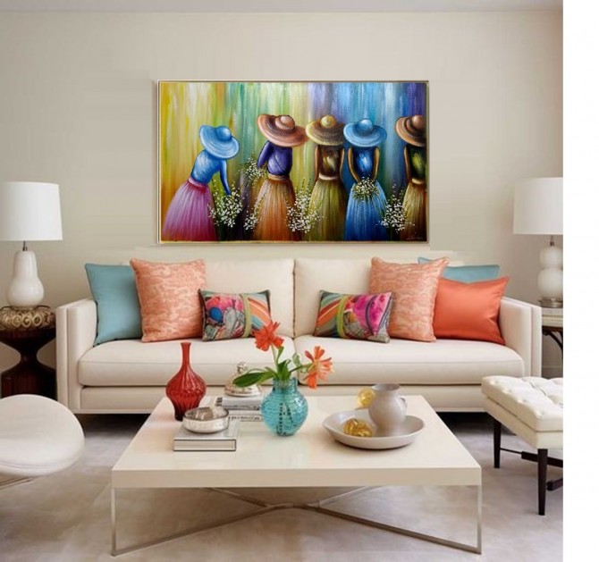 Quadro pintado a mão tema floristas, camponesas  70x120 