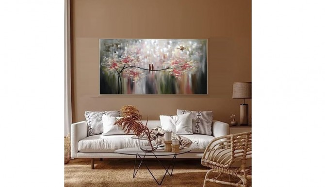 Quadro pintado a mão arvore e passarinhos medida 80x150 