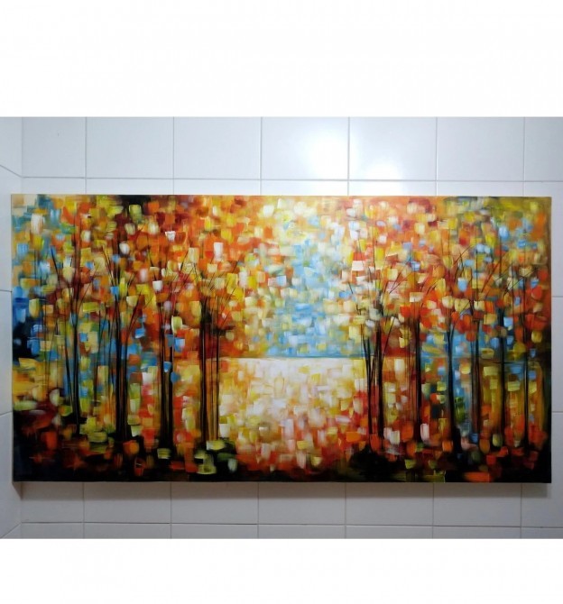 Quadro decorativo pintado a mão paisagem abstrato arvores 80x150 COD 1322