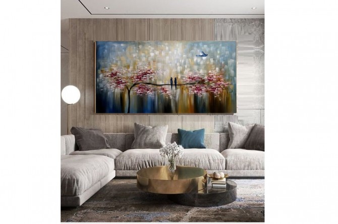Quadro pintado a mão arvore e passarinhos medida 80x150 