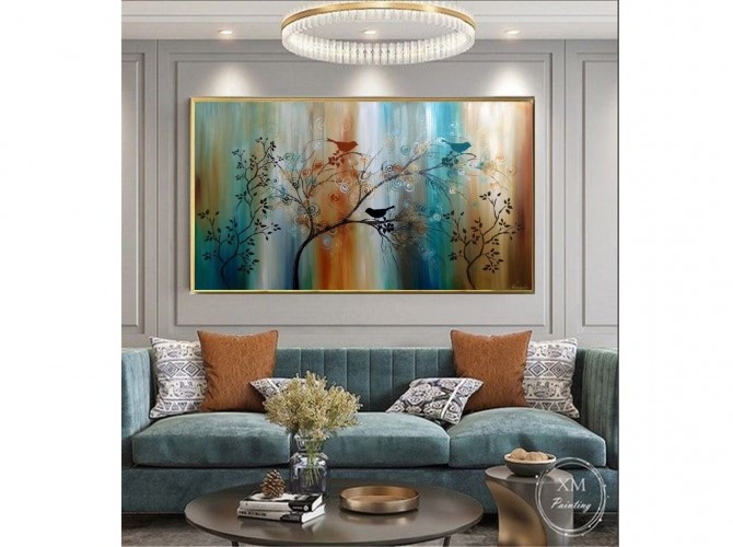 Quadro decorativo pintado a mão tema arvores e passarinhos estilo moderno 3a  80x120 