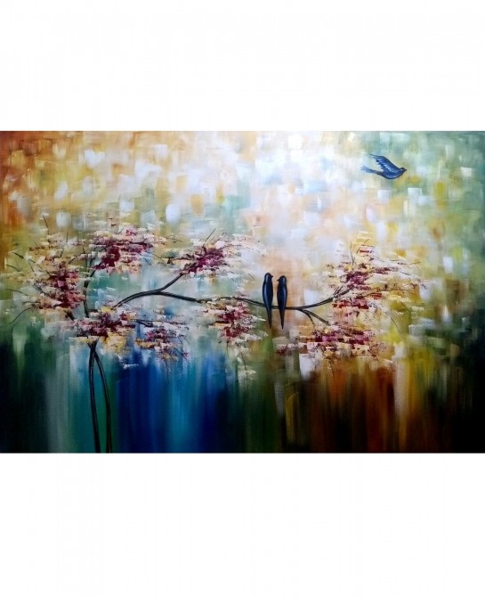 Quadro pintado a mão arvore e passarinhos medida 80x120 