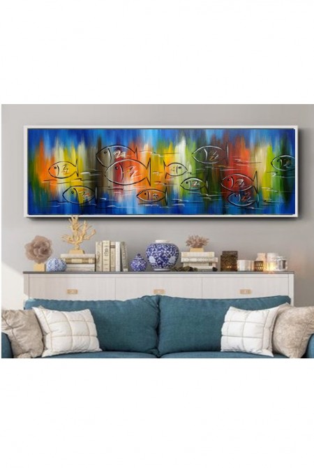 Quadro decorativo pintado a mão peixes 2b medida 40x120 