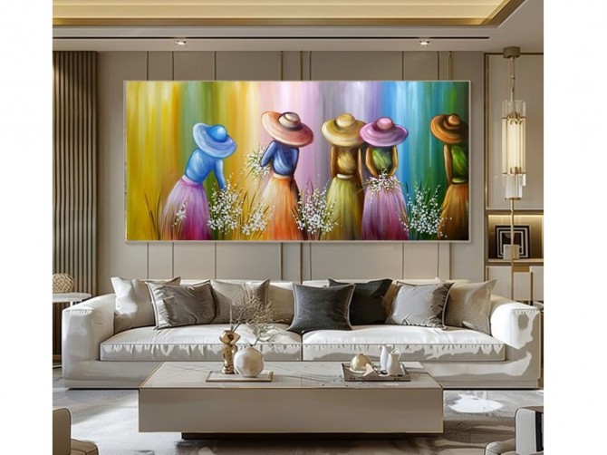 Quadro pintado a mão tema floristas, camponesas  80x150 