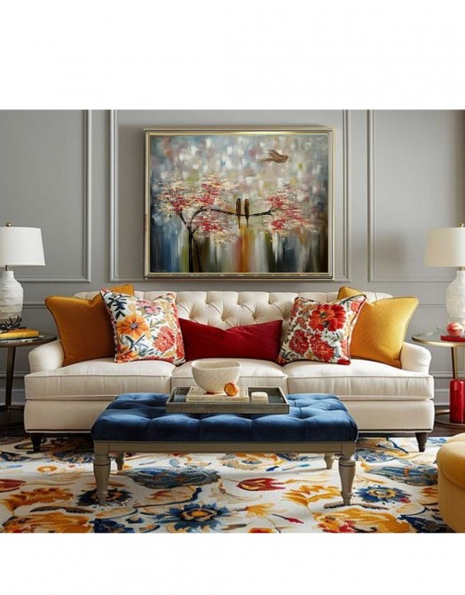 Quadro pintado a mão arvore e passarinhos medida 60x80 COD 1323
