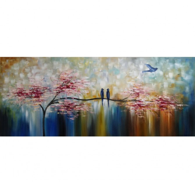 Quadro pintado a mão arvore e passarinhos medida 50x120 