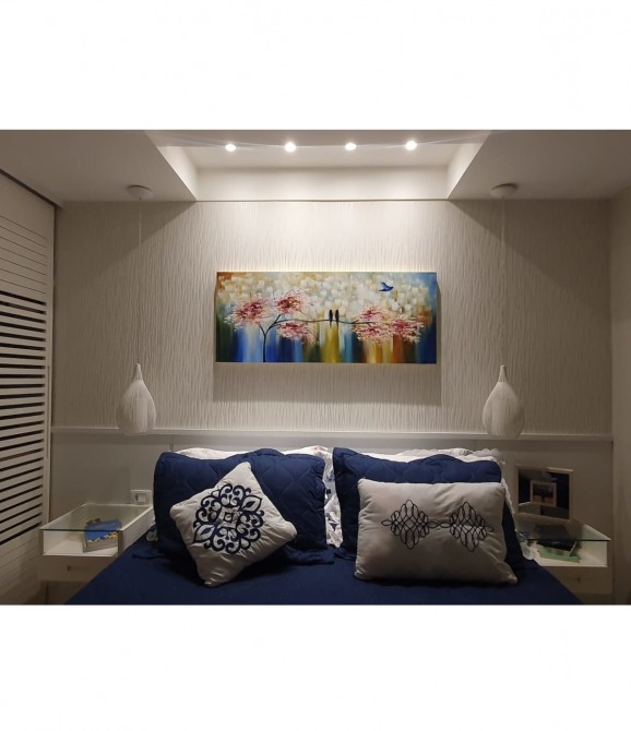 Quadro pintado a mão arvore e passarinhos medida 50x120 