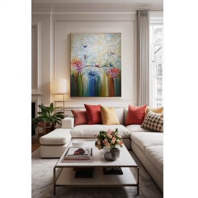 Quadro vertical  pintado a mão arvore e passarinhos medida 100x80