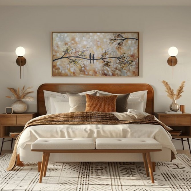 Quadro pintado a mão arvore e passarinhos medida 60x120 