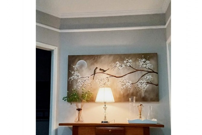 Quadro pintado a mão arvore e passarinhos tons terrosos medida 80x150 
