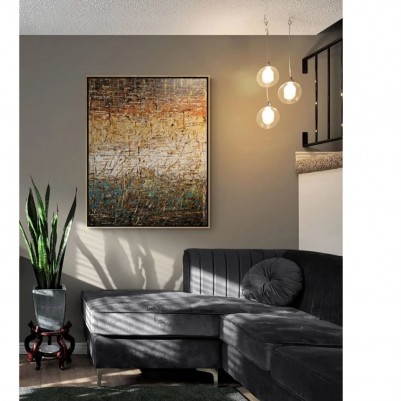Quadro abstrato pintado a mão Dmalbet em tons de marrom e verde medida 100x80