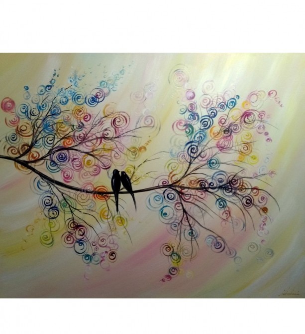 Quadro decorativo pintado a mão tema arvores e passarinhos estilo moderno 2a  funco clarinho 80x100  