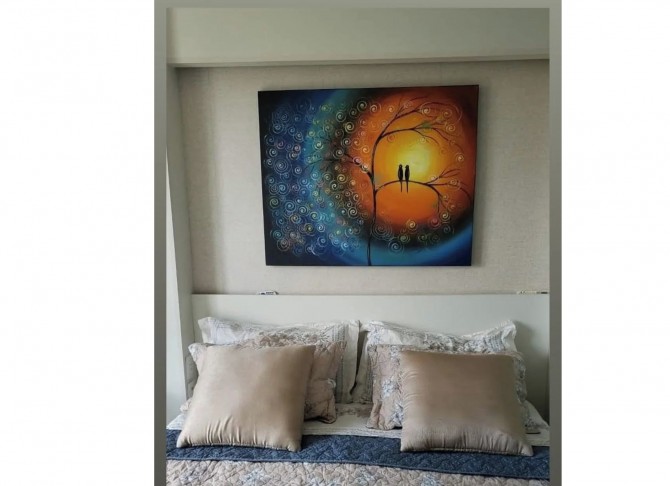 Quadro decorativo pintado a mão tema arvores e passarinhos estilo moderno 2a  80x100 