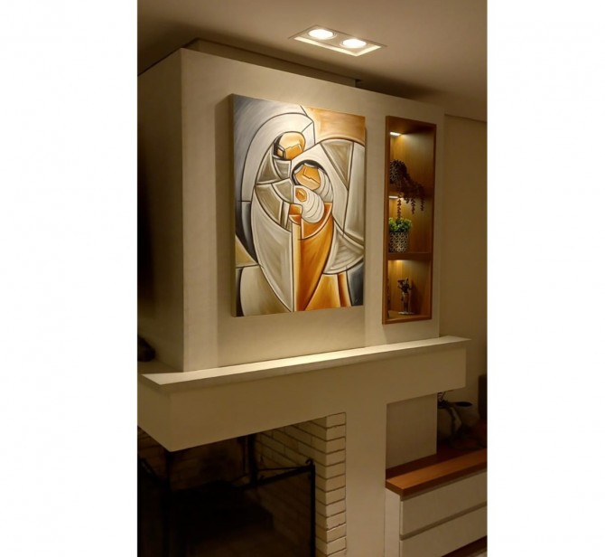 Quadro decorativo sagrada família pintado a mão pincelas largas,estilo cubista,moderno,medida 70x90 