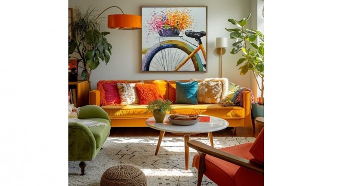 Quadro decorativo pintado a mão tema bicicleta e flores estilo moderno 5a, 80x80 