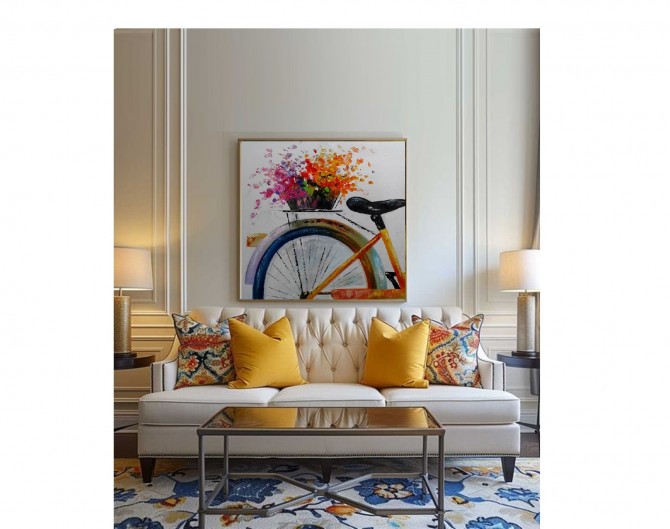 Quadro decorativo pintado a mão tema bicicleta e flores estilo moderno 5a, 50x50