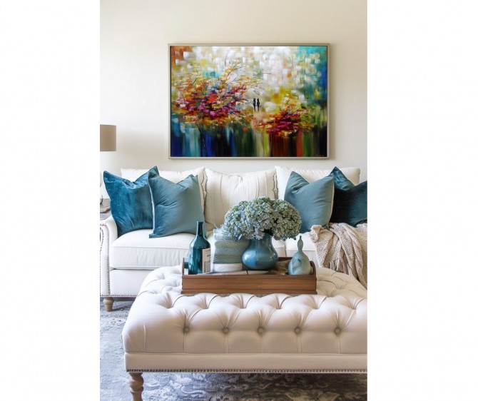 Quadro pintado a mão arvore e passarinhos medida 60x80 