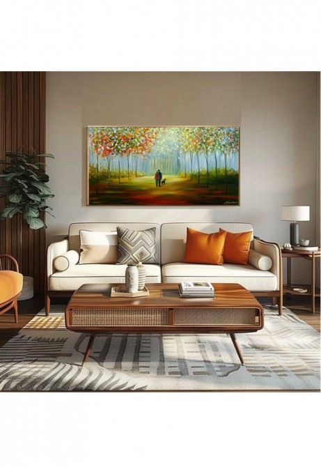 Quadro paisagem com casal e cão pintado a mão 60x120 