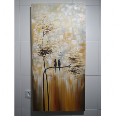 Quadro vertical  pintado a mão arvore e passarinhos medida 100x50 