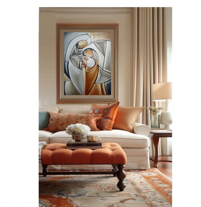 Quadro decorativo sagrada família pintado a mão pincelas largas,estilo cubista,moderno,medida 80x60