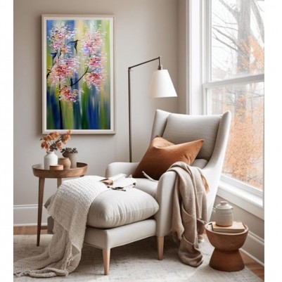 Quadro vertical  pintado a mão arvore e passarinhos modelo beija-flor medida 100x60 