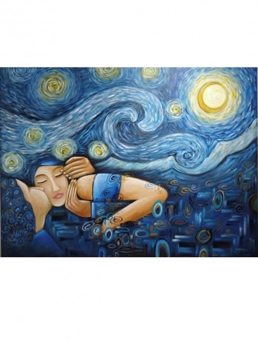Quadro decorativo pintado a mão releitura da obra O beijo de Klimt  sob o céu estrelado de Van gogh  por Katia Almeida 90x120 